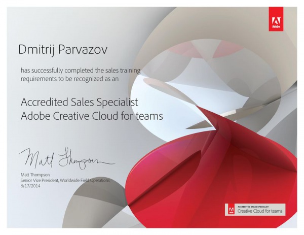 Сертификат Парвазова Дмитрия «Аккредитованный специалист по продажам Adobe Creative Cloud» Сертификат Парвазова Дмитрия «Аккредитованный специалист по продажам Adobe Creative Cloud»